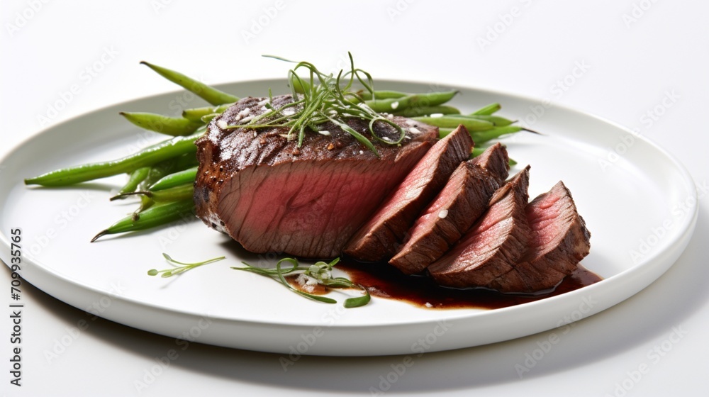 a roasted beef tenderloin, its crusty exterior and juicy interior showcased against the simplicity of a spotless white background, inviting culinary appreciation.