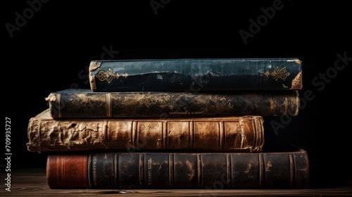 Stack of classic retro old books on the dark background. AI generated image