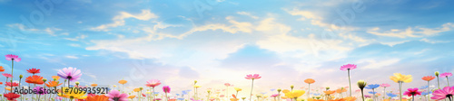 The colorful flowers and sky together with sunlight, in the style of digital airbrushing, bokeh panorama, realistic blue skies, soft-edged, small brushstrokes, tilt shift, organic and flowing forms

