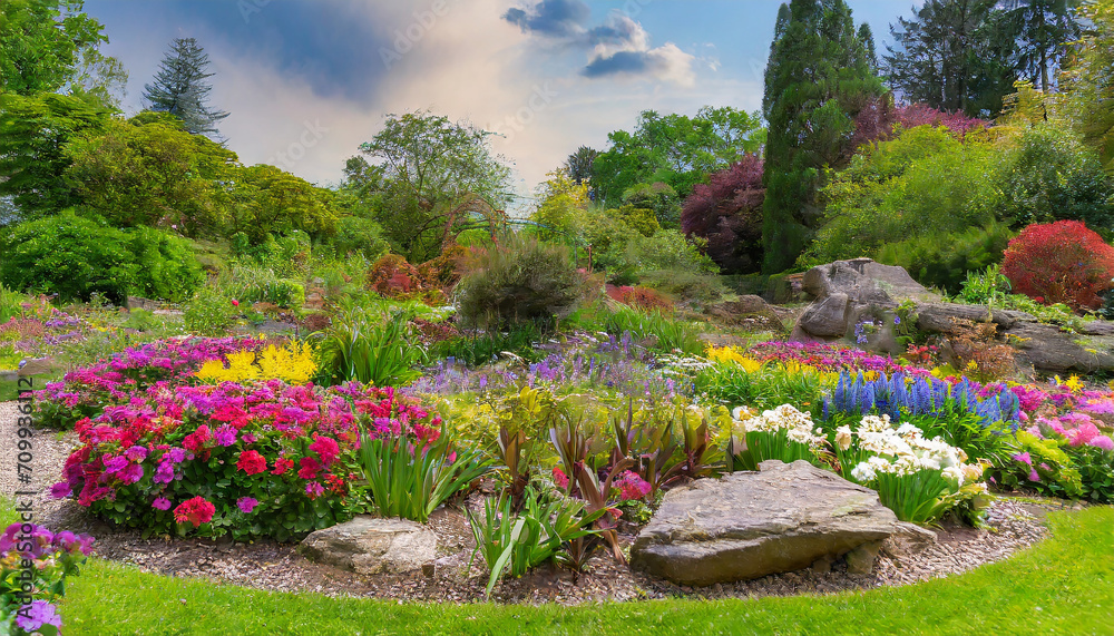 colorful mixed flower garden with rockery in royal botanical gardens