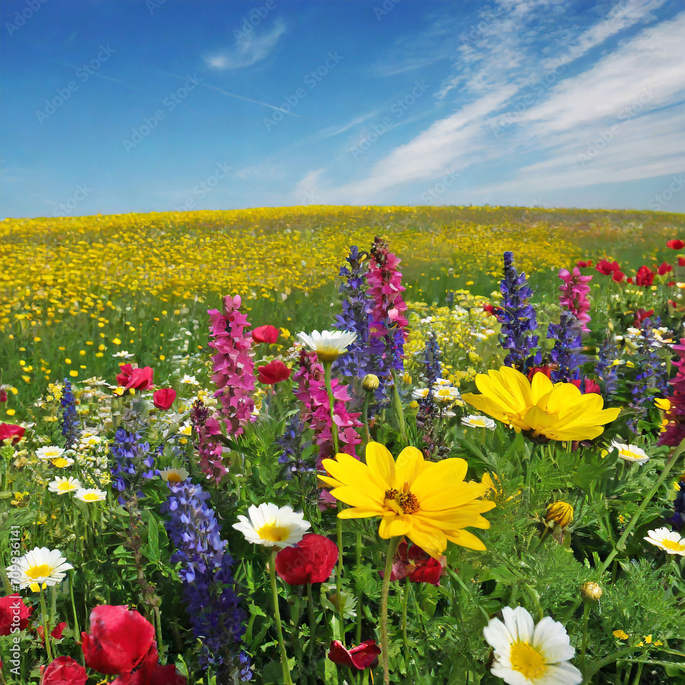 colorful mixed flower meadow with yellow flowers and blue sky