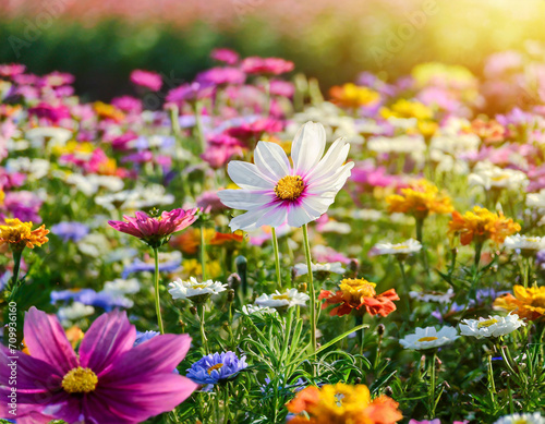 colorful mixed flower in the field of flowers with sunlight