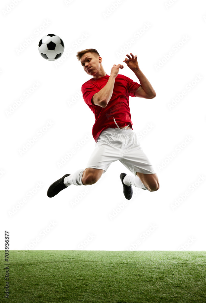 Sculpting victory in air. True artist on soccer field, footballer executes perfect pass against white background with green field. Concept of sport games, hobby, energy, world cup season, movement. Ad