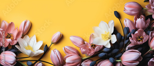 spring flowers, top view, copy space, spring banner 