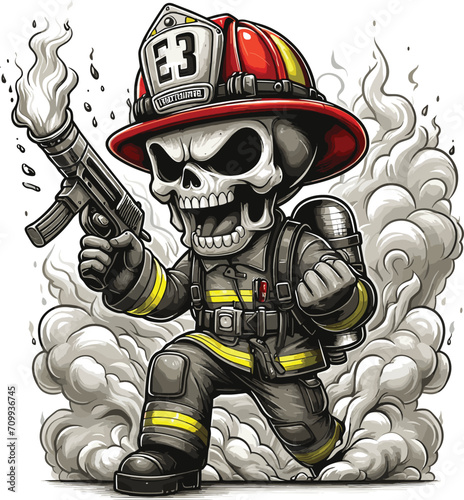 Skull become firefighter theme drawing in a safety outfit, chibi style