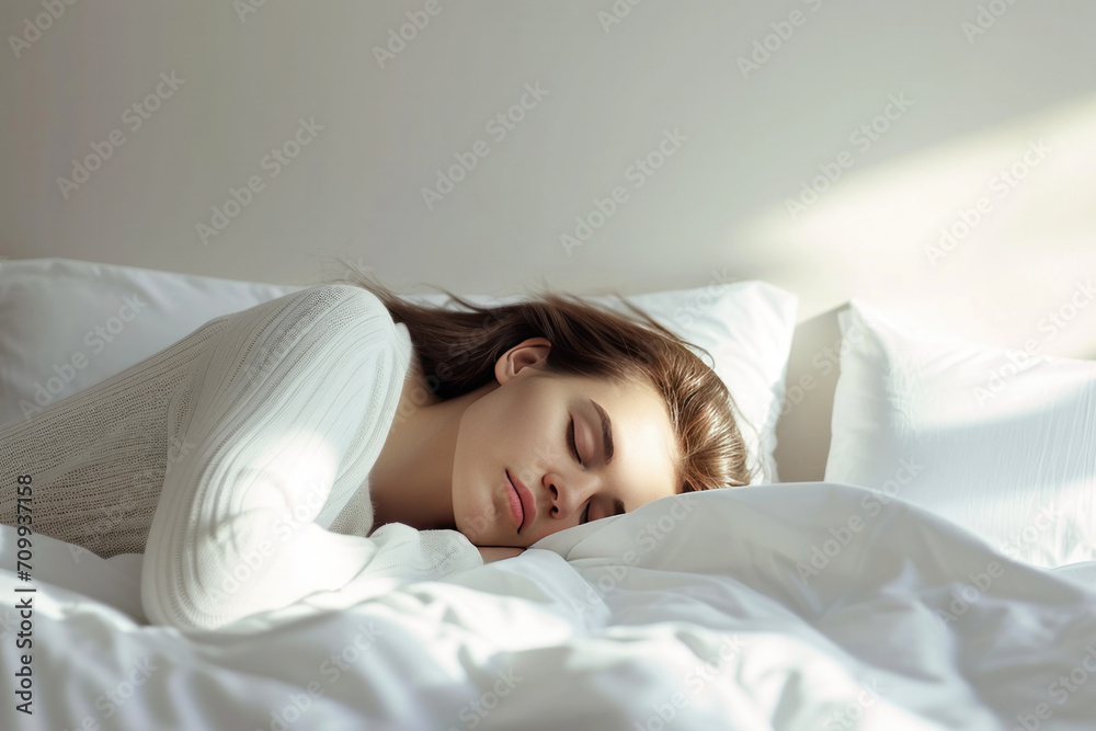 woman peacefully sleeping in her bed woman peacefully sleeping in her bed