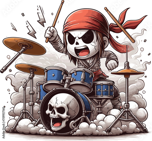 Skull band drummer theme drawing in a punk outfit, chibi style