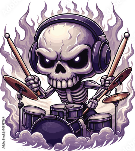 Skull band drummer theme drawing in a punk outfit, chibi style