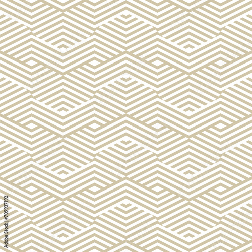 Vector golden seamless pattern with broken geometric lines, stripes, chevron, zig zag, wicker surface. Abstract luxury background. Simple gold and white texture. Retro style ornament. Repeated design