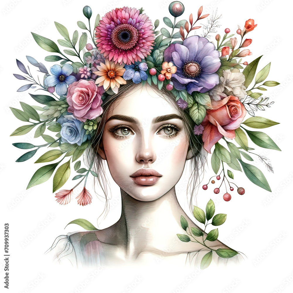 Watercolor artistically incorporates a flower crown into the portrait of a woman, International Women's Day,Isolated on Transparent Background
