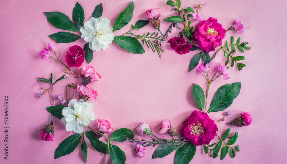 Floral frame on pink background; flat lay, top view, square