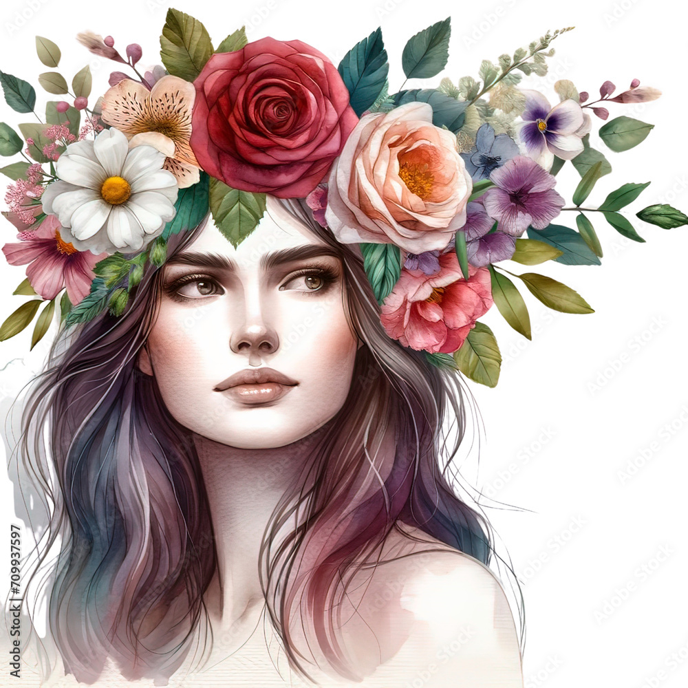 Watercolor of a woman with a floral headpiece in the form of a headband, International Women's Day,Isolated on Transparent Background