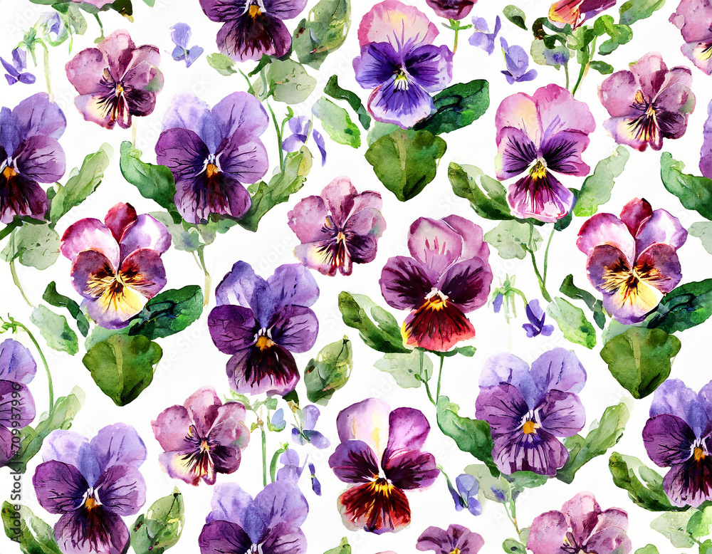 floral pattern, beautiful fresh viola violets isolated over white backdrop