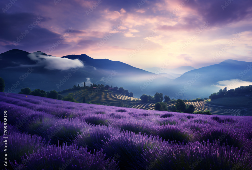 Obraz premium Lavender field in the pyrenees, France, in the style of light indigo and bronze, romantic atmosphere, dreamlike naturaleza