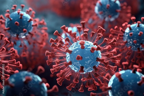 Closeup rendering of novel coronavirus under microscope.