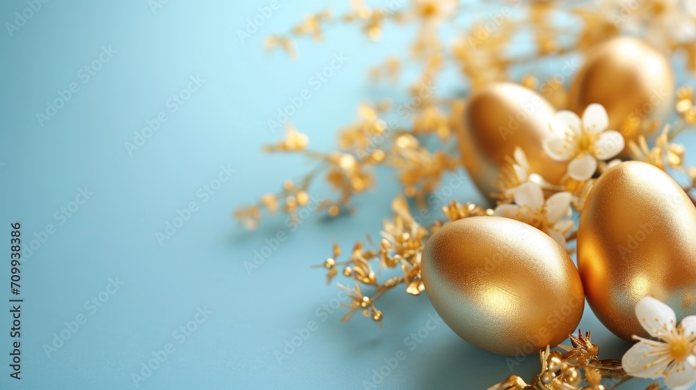 Elegant golden Easter eggs with shimmering flowers on a serene blue background. Easter card top view