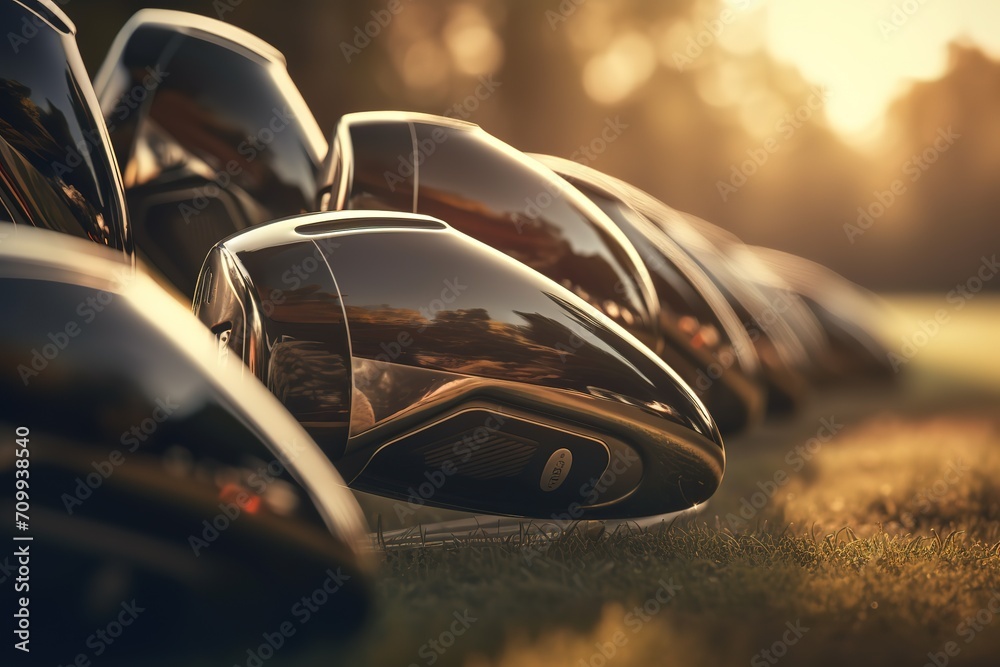 A set of new golf clubs on a beautiful golf - obrazy, fototapety, plakaty 