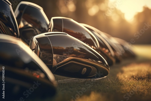 A set of new golf clubs on a beautiful golf photo