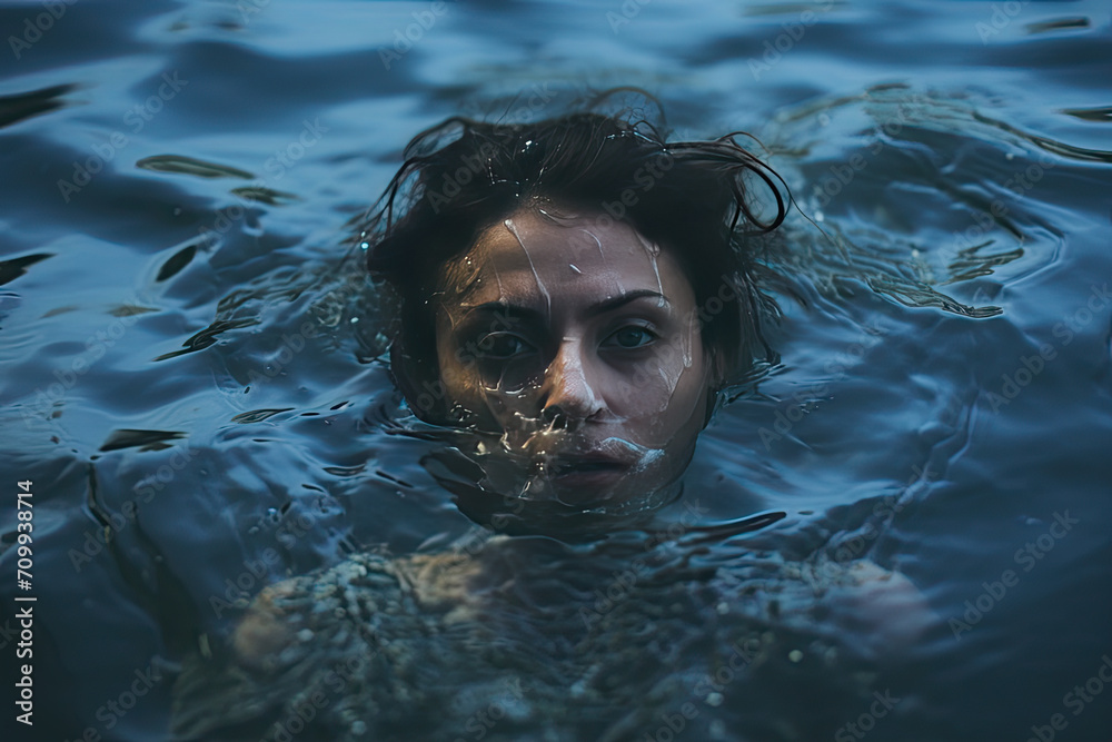 Woman drowning in the river of water