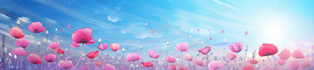 The colorful flowers and sky together with sunlight, in the style of digital airbrushing, bokeh panorama, realistic blue skies, soft-edged, small brushstrokes, tilt shift, organic and flowing forms

