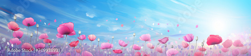 The colorful flowers and sky together with sunlight  in the style of digital airbrushing  bokeh panorama  realistic blue skies  soft-edged  small brushstrokes  tilt shift  organic and flowing forms  