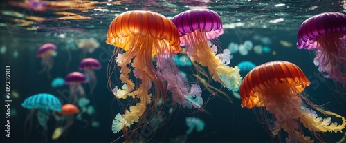 gorgeous close-up of multiple vibrant jellyfish drifting in a kaleidoscope of colors, their translucent bodies glistening beneath the water © RIDA BATOOL