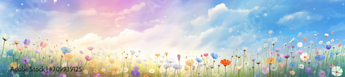 The colorful flowers and sky together with sunlight, in the style of digital airbrushing, bokeh panorama, realistic blue skies, soft-edged, small brushstrokes, tilt shift, organic and flowing forms   © Possibility Pages