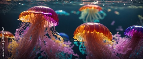 stunning close-up of several colorful jellyfish floating in a rainbow of hues, their translucent bodies gleaming beneath the water