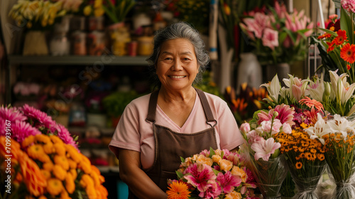 A smiling woman surrounded by colorful flowers in a floral shop © Andreas