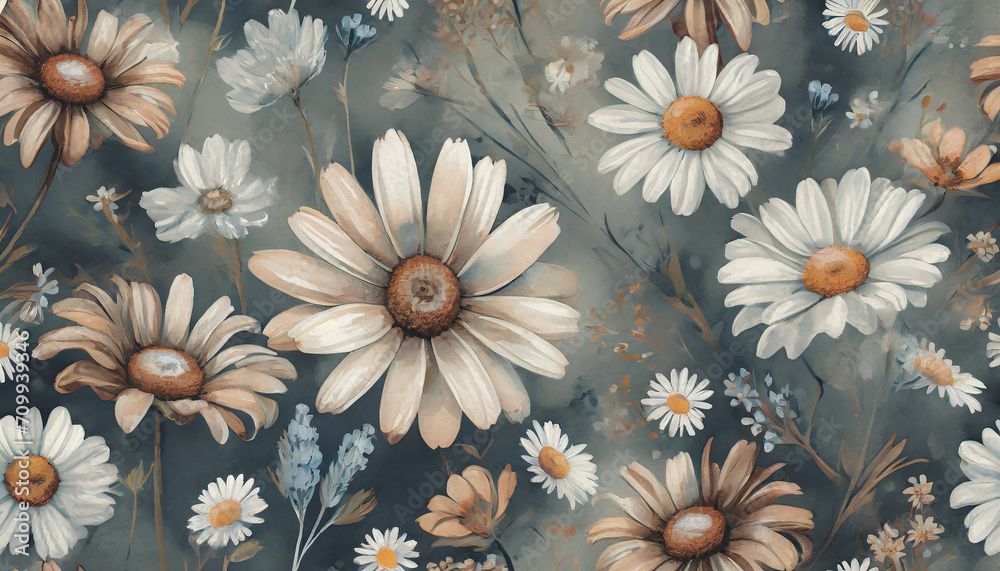 seamless floral pattern with chamomile and daisies_ artistic vintage style