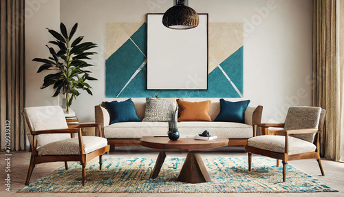 Mediterranean-inspired living room design with comfortable seating and a tiled wooden table. The mockup wall introduces a modern touch, offering a canvas for personalized displays within the exotic se photo