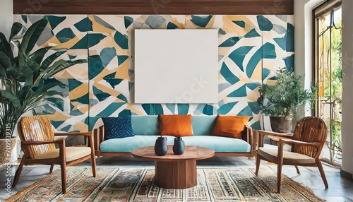 Mediterranean-inspired living room design with comfortable seating and a tiled wooden table. The mockup wall introduces a modern touch, offering a canvas for personalized displays within the exotic se
