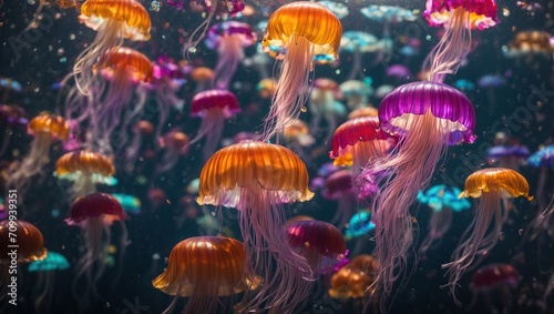 a captivating close-up of several vibrant jellyfish drifting in a kaleidoscope of colors, their translucent bodies shining under the sea