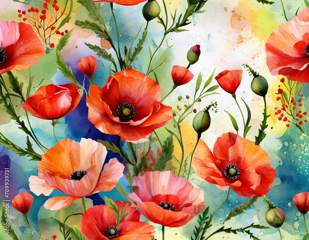 seamless floral pattern with red poppies on abstract colorful background