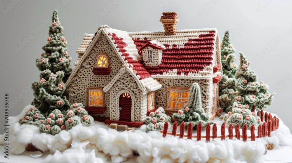 Knitted house from wool. Winter. Home insulation, protection from cold and bad weather, room heating system. The energy crisis in Europe. Festive mood, Christmas