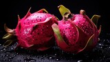 Closeup Fresh red dragon fruits with water splash on dark background. AI generated image