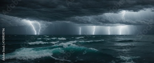  A ocean with dark  of heavy sky lightning striking the water  creating a dangerous scene