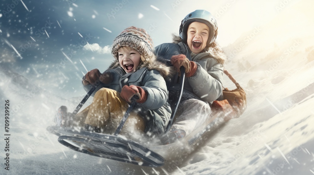 Portrait realistic happy children enjoy sledding down in a snowy hill. AI generated image