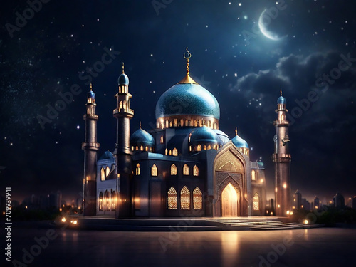 Islamic masjid mosque ramadan kareem and eid mubarak greetings. generative ai