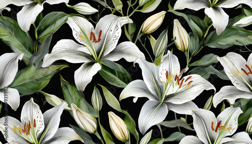 seamless floral pattern with white lilies on a black background