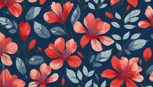 seamless pattern of red flowers on a dark blue background