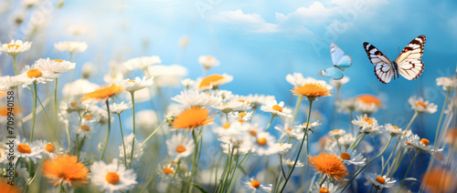 Blooming wild flower field and butterflies, in the style of light indigo and orange, nostalgic mood, photorealistic details, white and azure, photo taken with provia, lovely, cottagecore