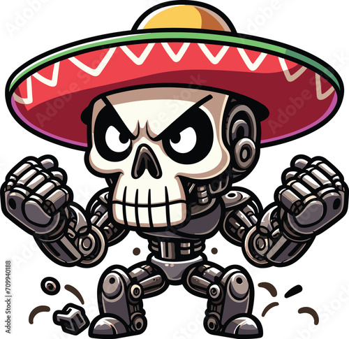 Robotic skull wearing hat drawing in a mexico outfit, chibi style