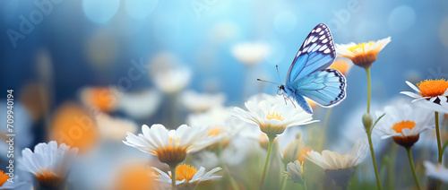 Blooming wild flower field and butterflies  in the style of light indigo and orange  nostalgic mood  photorealistic details  white and azure  photo taken with provia  lovely  cottagecore  