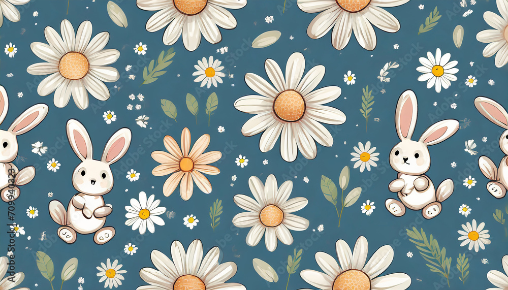 Seamless pattern with bunny rabbit cartoons, foot print and daisy flower on blue background vector illustration.