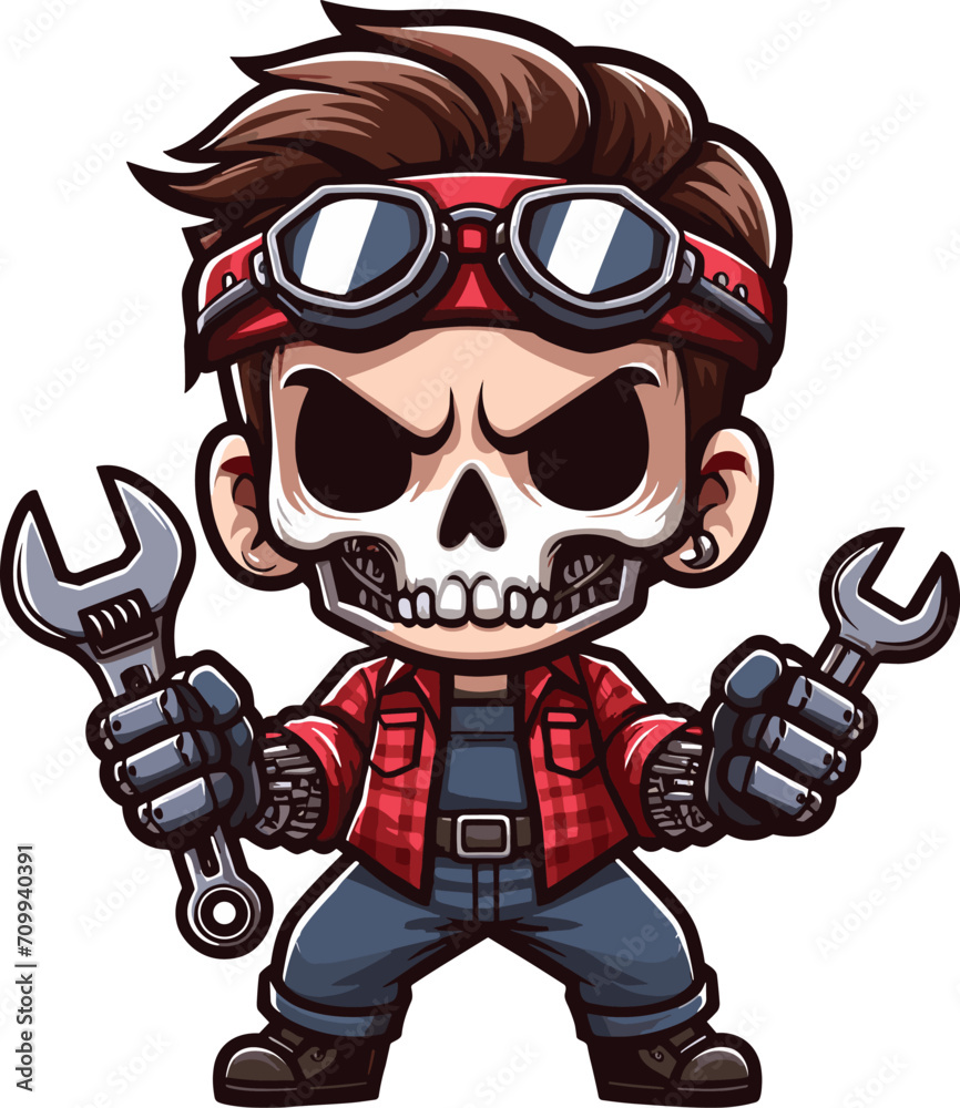 Skull become mechanic theme drawing in a casual outfit, chibi style Skull become mechanic theme drawing in a casual outfit, chibi style
