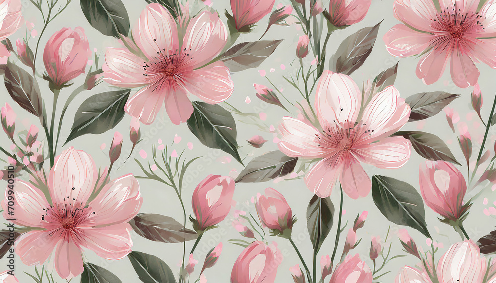 seamless pattern with pastel pink flowers on a light background