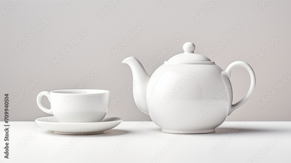 a teapot and cup on a clean white background unfolds in stunning high definition, capturing the timeless beauty of this classic duo.