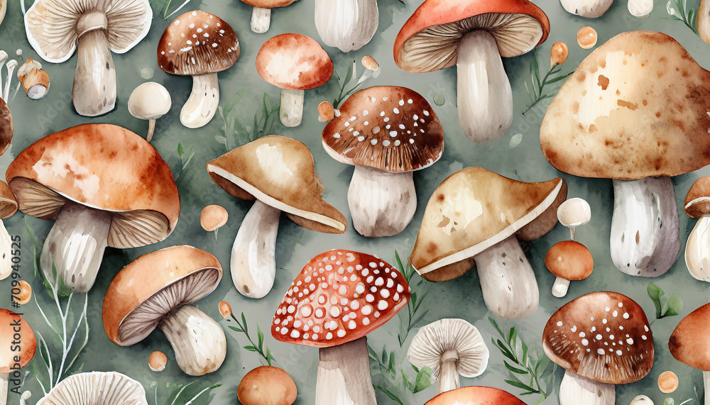 seamless pattern with mushrooms_ watercolor hand drawn illustration_ interior design