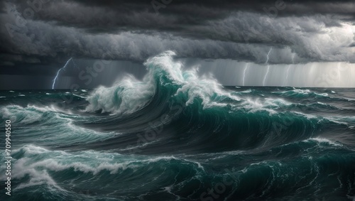 A strong storm is tearing across the ocean, driving huge, churning waves and lightning strikes into the water, causing chaos and danger everywhere.